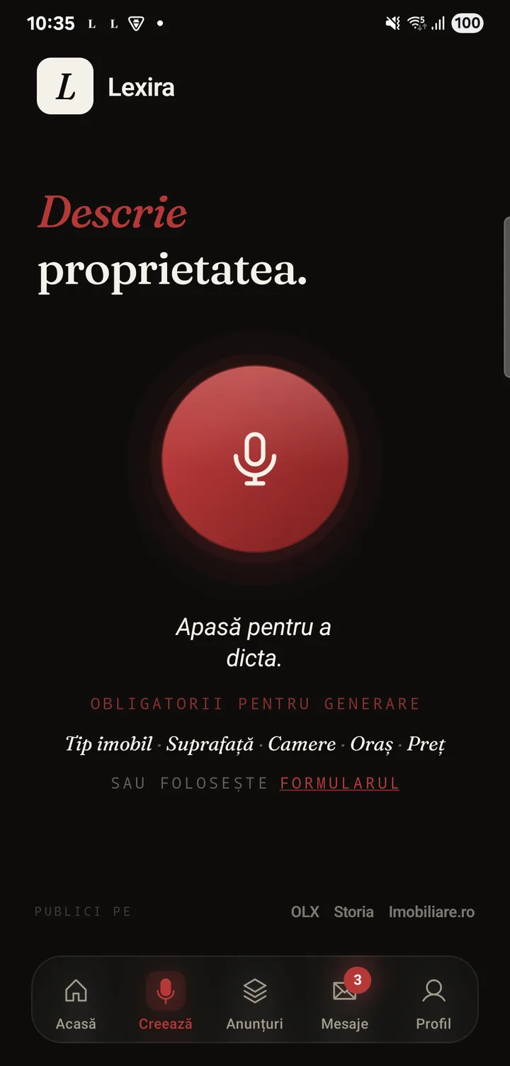 Ecranul de dictare din aplicația Lexira
